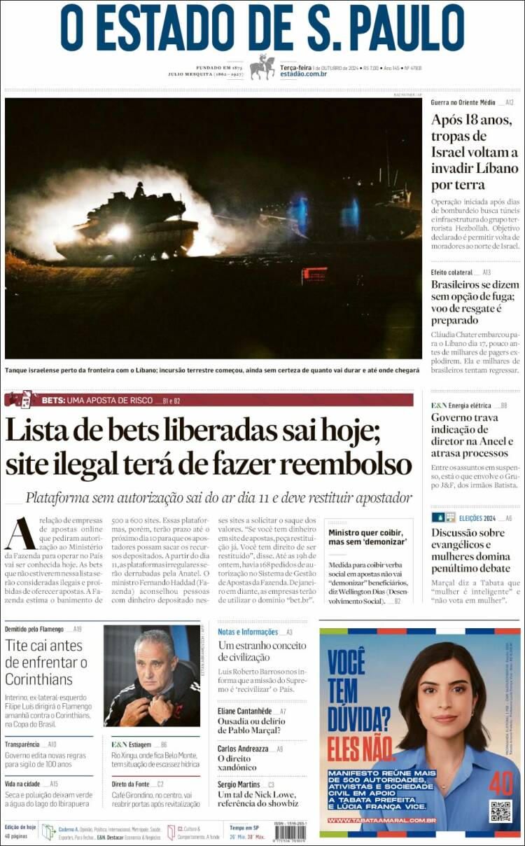 Portada de O Estado de São Paulo (Brasil)