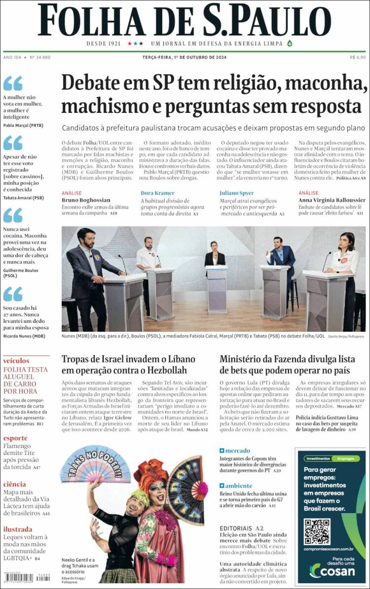 Portada de Folha de São Paulo (Brasil)