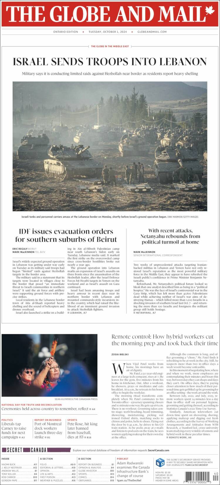 Portada de The Globe and Mail (Canadá)