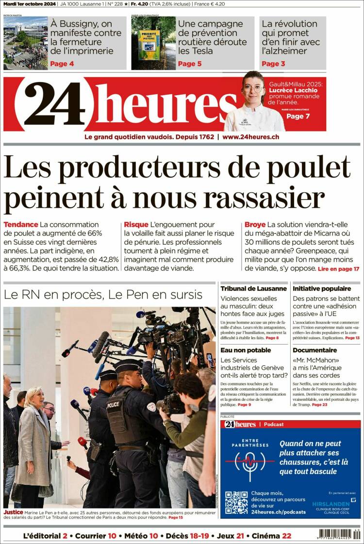 Portada de 24 Heures (Suiza)