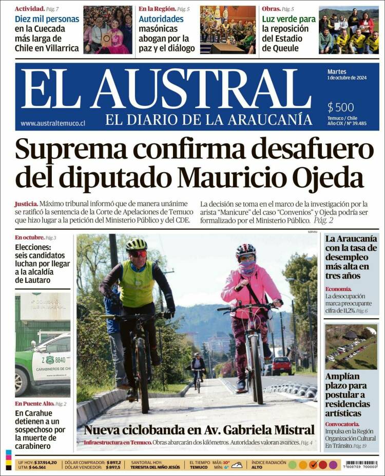 Portada de El Austral de Temuco (Chile)