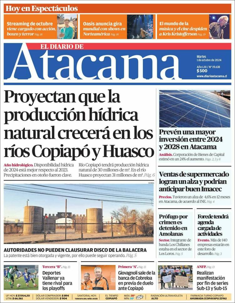 Portada de Diario de Atacama (Chile)