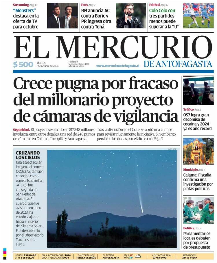 Portada de El Mercurio de Antofagasta (Chile)