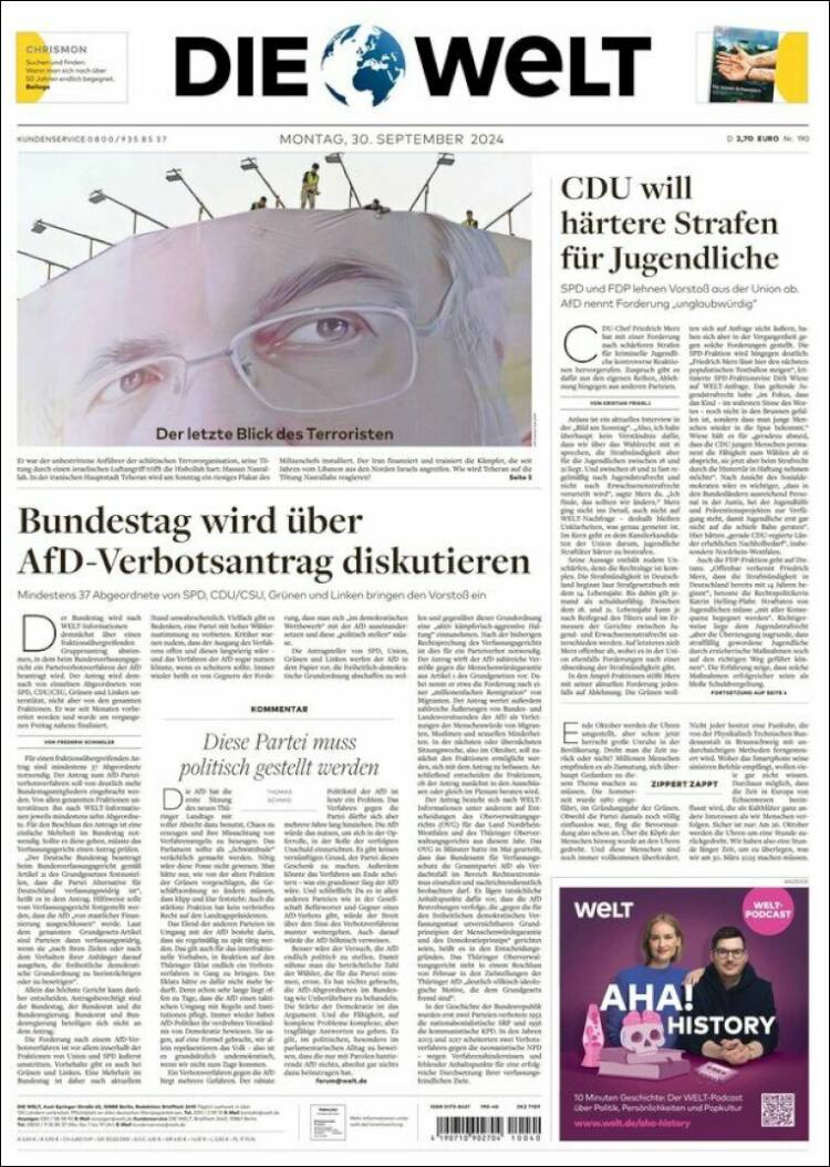 Portada de Die Welt (Alemania)
