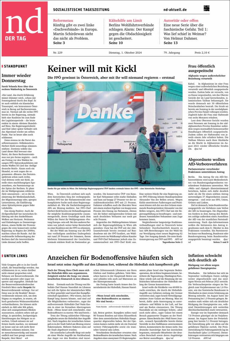 Portada de Neues Deutschland (Alemania)