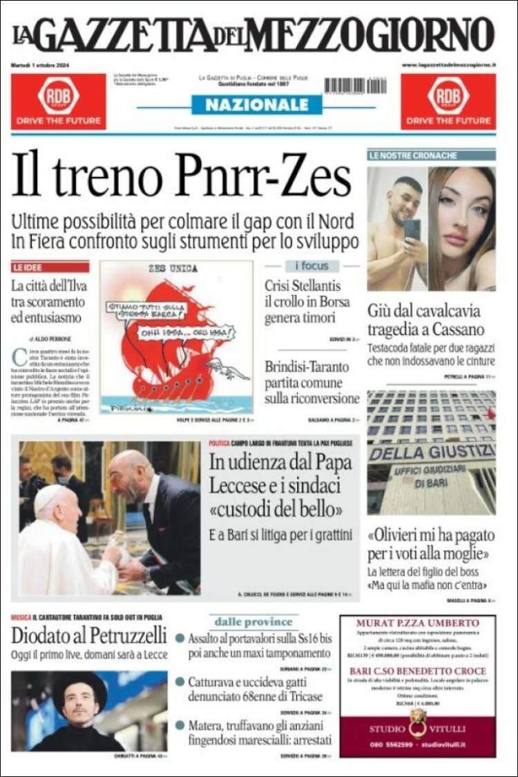 Portada de La Gazzetta del Mezzogiorno (Italia)
