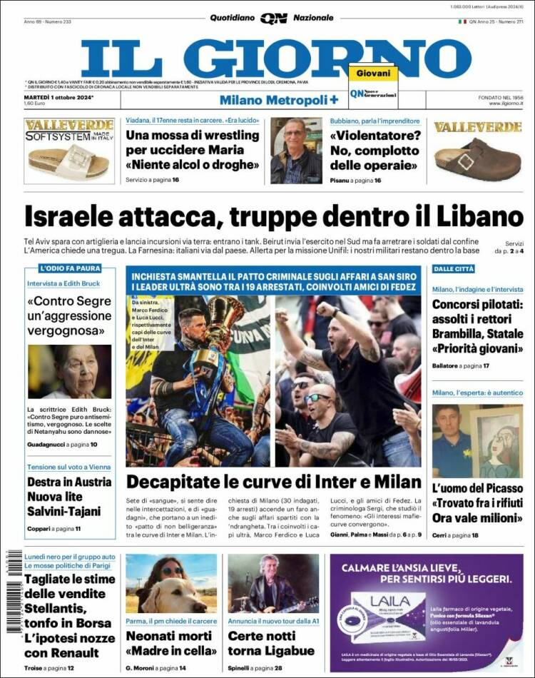 Portada de Il Giorno (Italia)