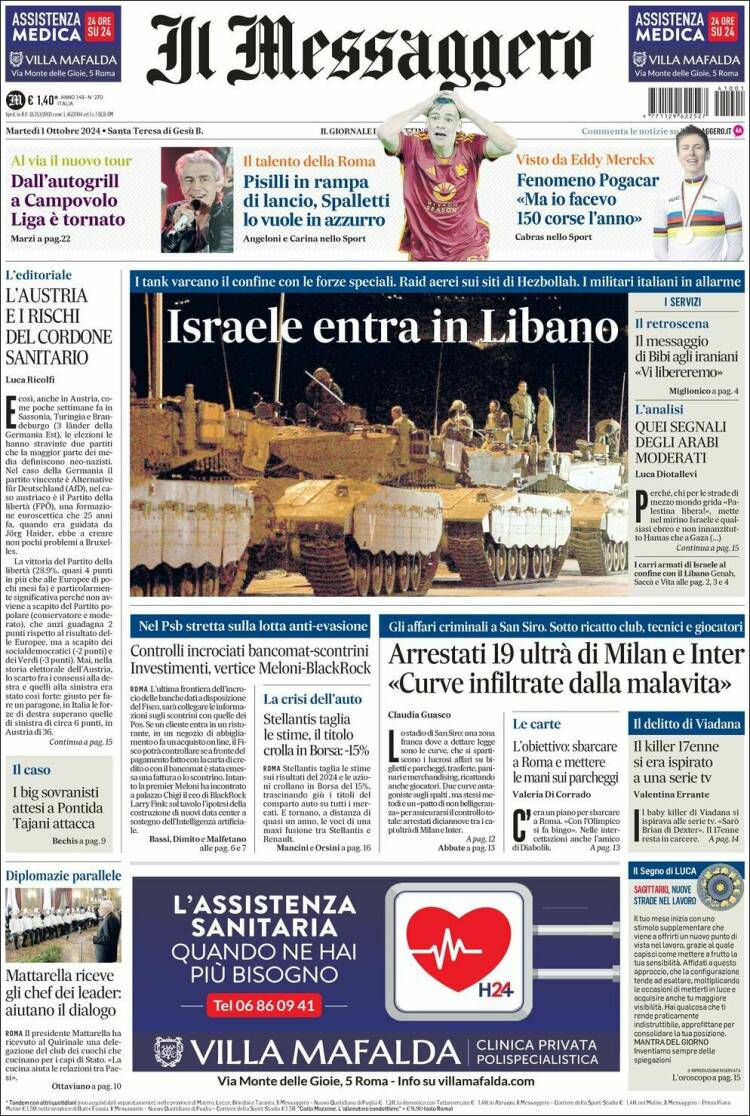 Portada de Il Messaggero (Italia)