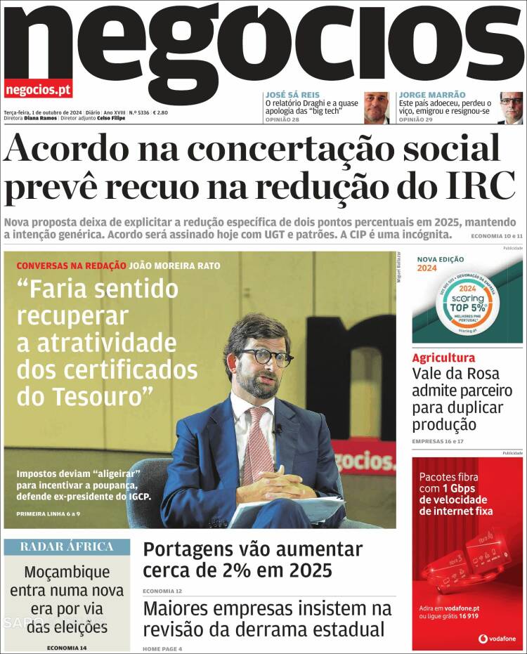 Portada de Jornal de Negócios (Portugal)