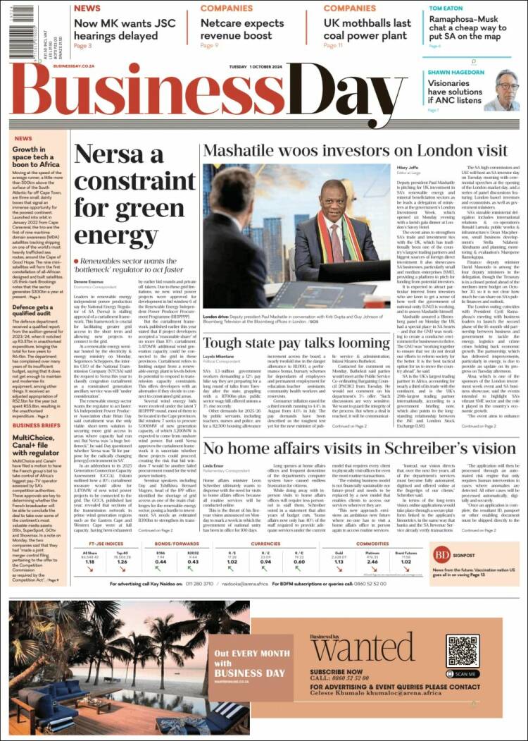 Portada de Business Day (Sud&aacute;frica)