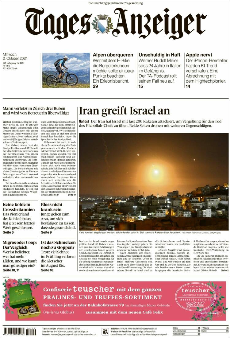 Portada de Tages-Anzeiger (Suiza)