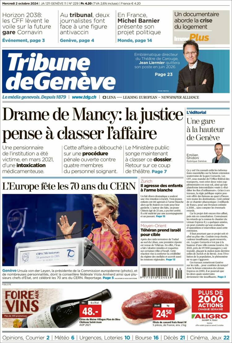 Portada de La Tribune de Genève (Suiza)