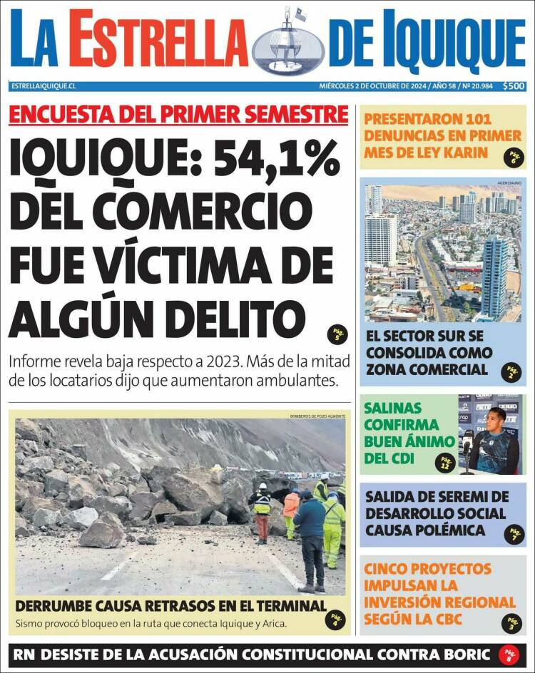Portada de La Estrella de Iquique (Chile)