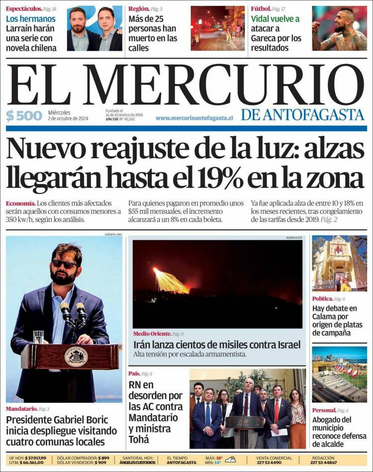 Portada de El Mercurio de Antofagasta (Chile)