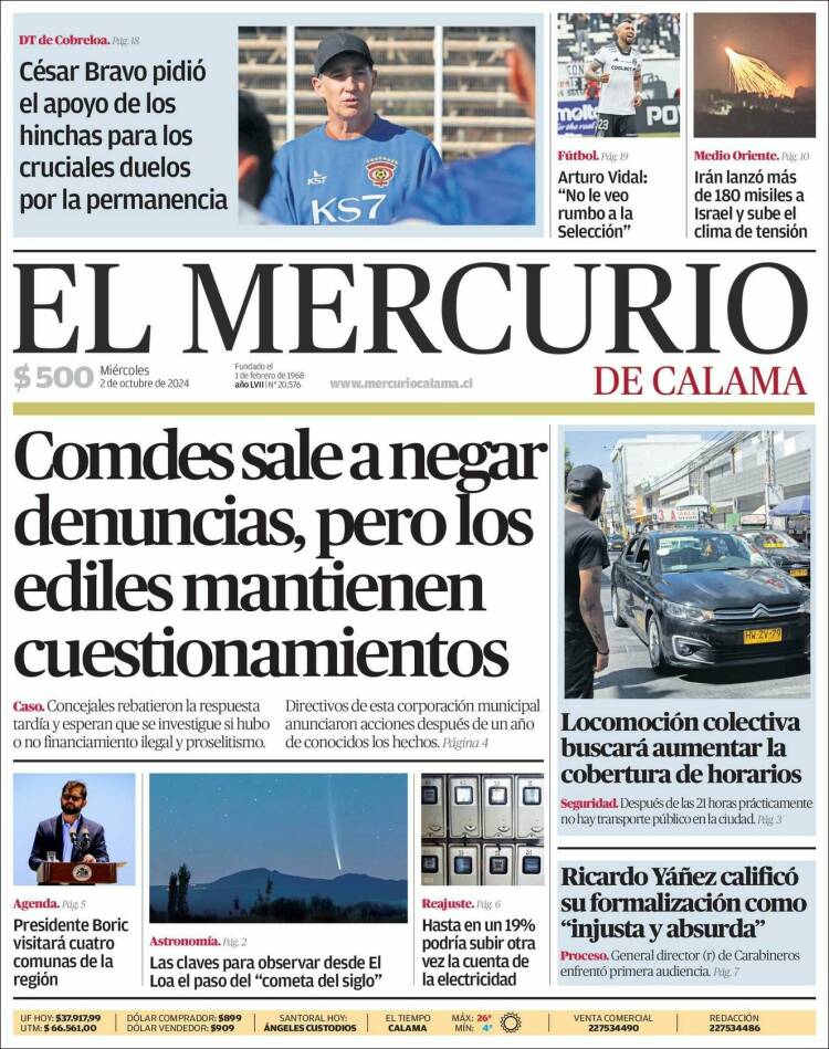 Portada de El Mercurio - Calama (Chile)