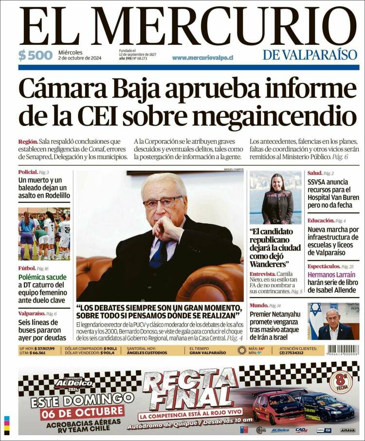 Portada de Mercurio de Valparaiso (Chile)