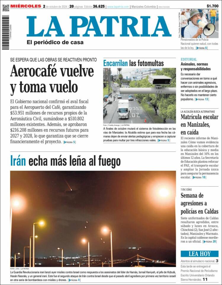 Portada de La Patria (Colombia)