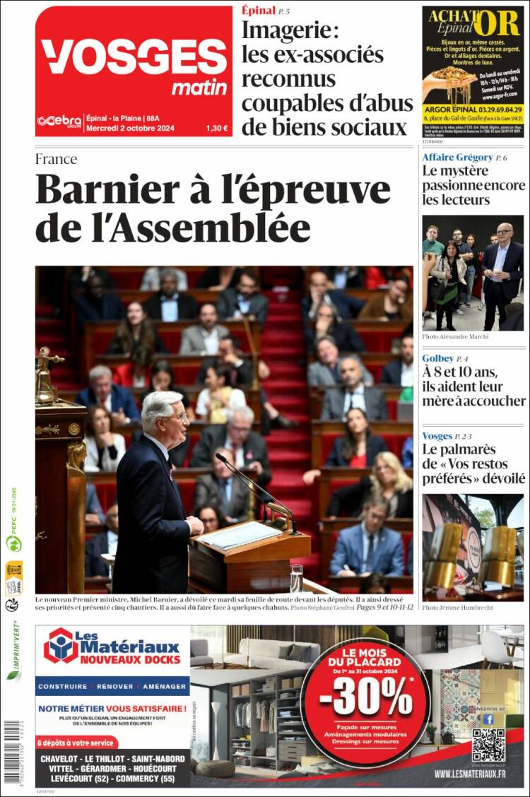 Portada de Vosges Matin (Francia)