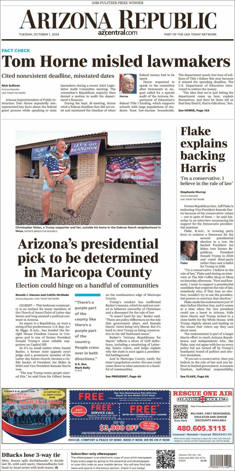 Portada de Arizona Republic News (USA)