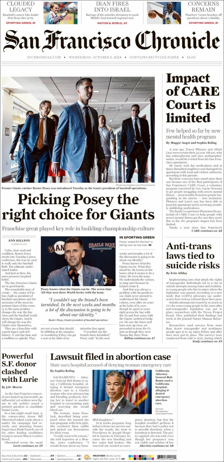 Portada de San Francisco Chronicle (USA)