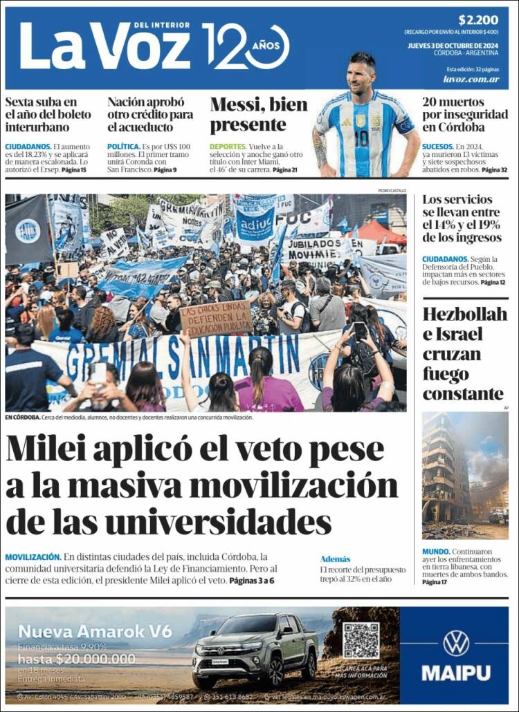 Portada de La Voz del Interior (Argentina)