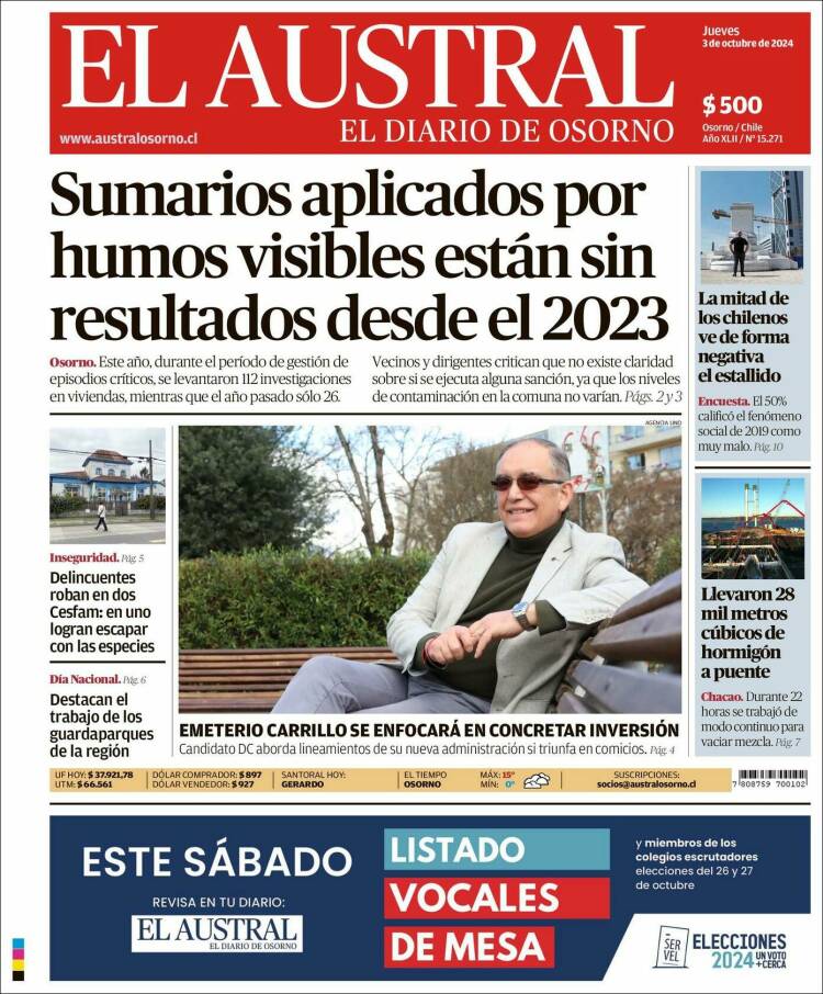 Portada de El Austral de Osorno (Chile)