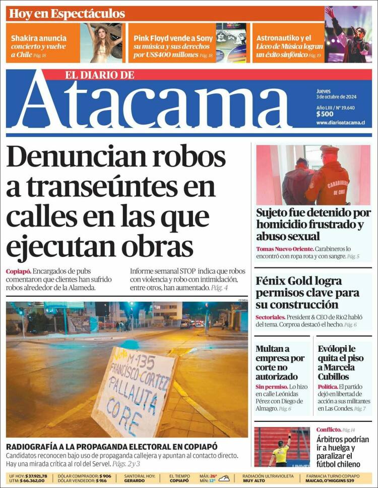 Portada de Diario de Atacama (Chile)