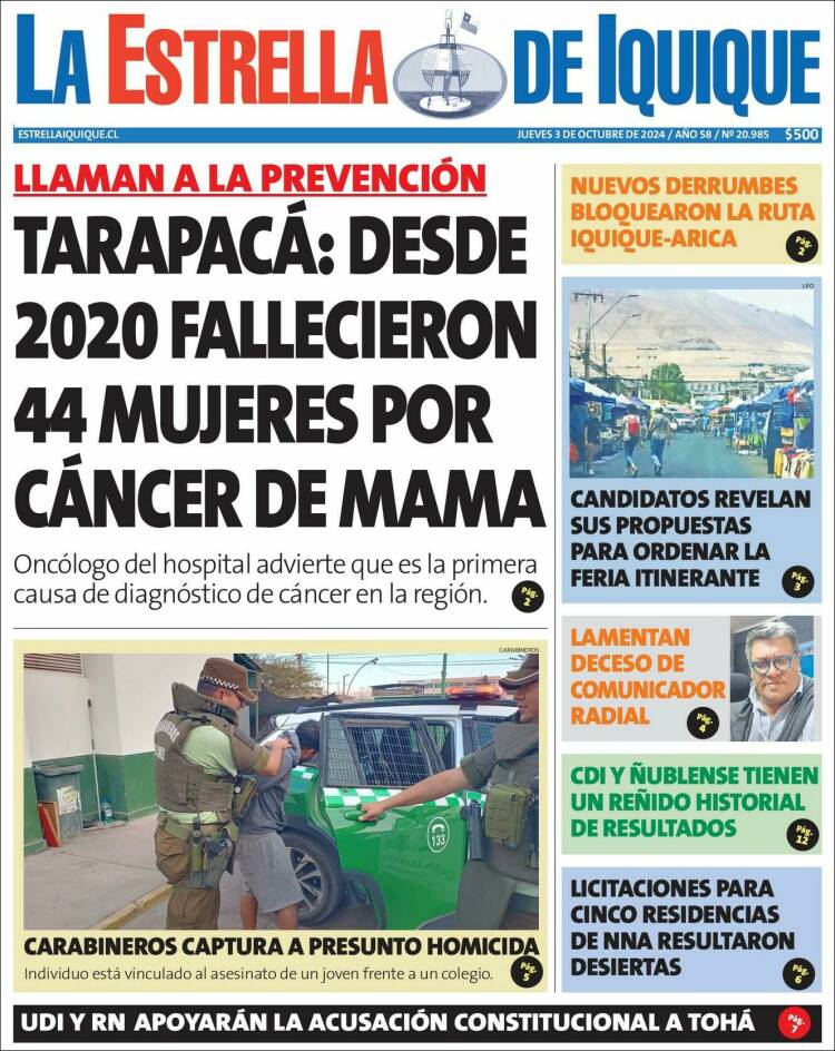Portada de La Estrella de Iquique (Chile)
