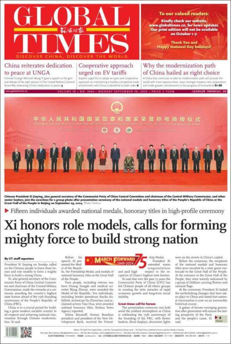 Portada de The Global Times (China)