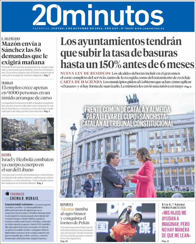 Portada de 20 Minutos - Valencia (España)