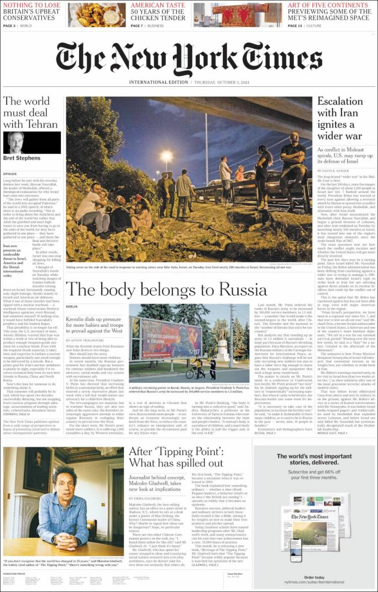 Portada de International New York Times (Europa)