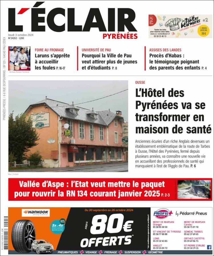 Portada de L'Eclair des Pyrénées (Francia)