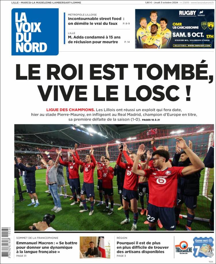 Portada de La Voix du Nord (Francia)