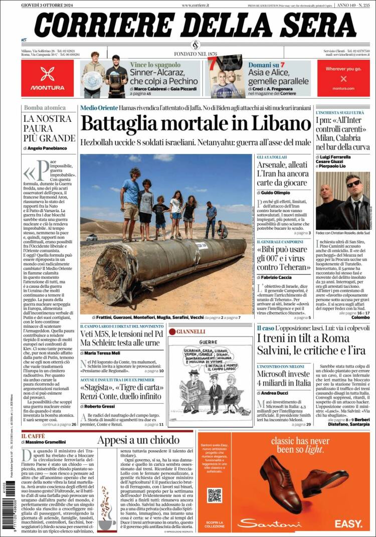 Portada de Corriere della Sera (Italia)
