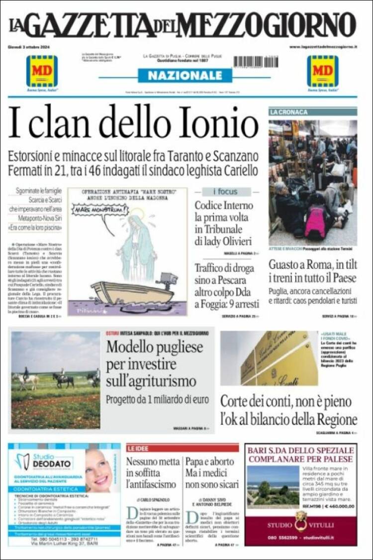 Portada de La Gazzetta del Mezzogiorno (Italia)