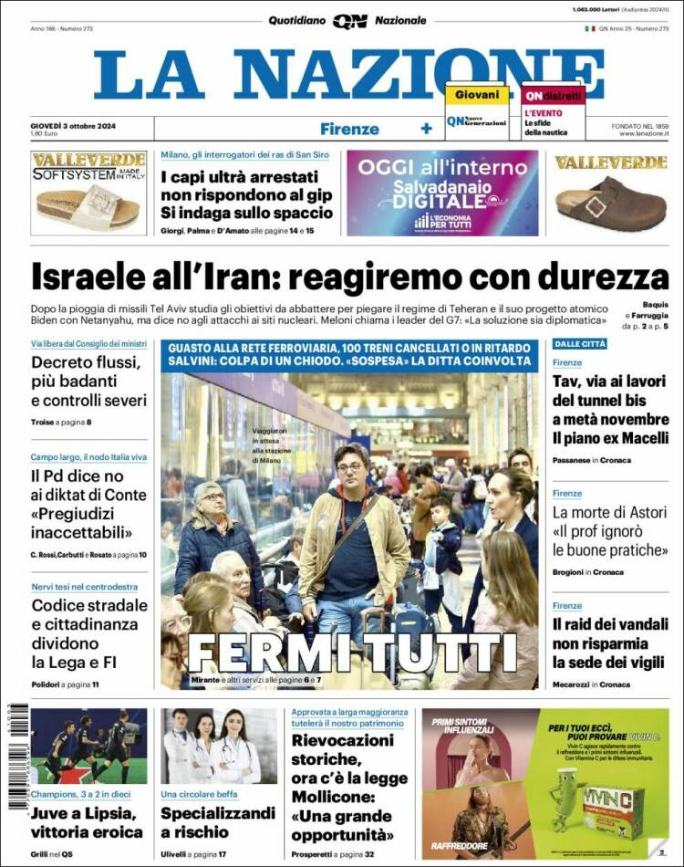 Portada de La Nazione (Italia)