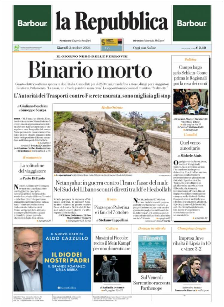 Portada de La Repubblica (Italia)