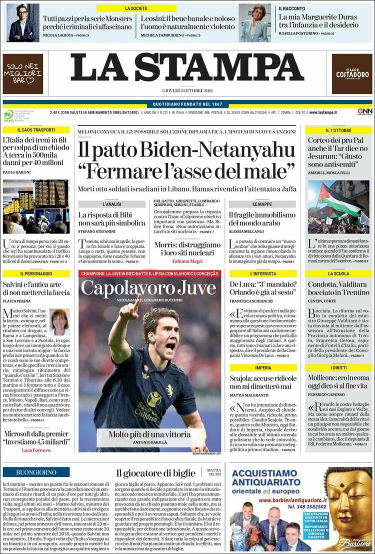 Portada de La Stampa (Italia)