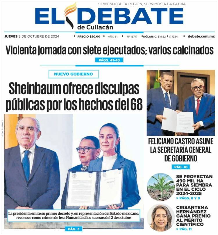 Portada de El Debate de Culiacán (México)