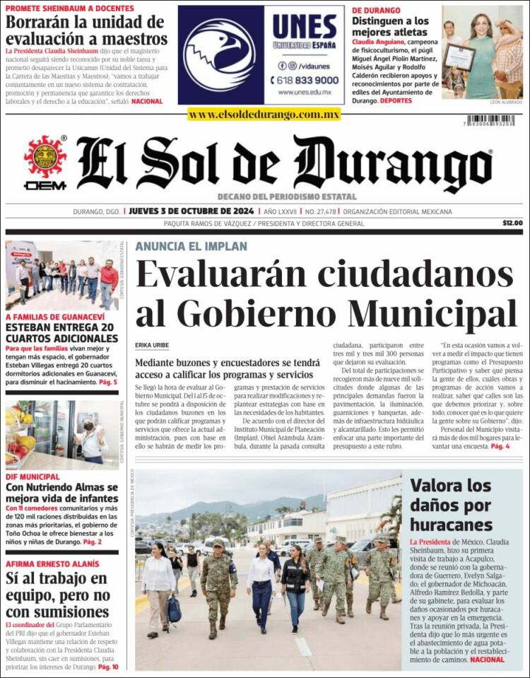 Portada de El Sol de Durango (México)
