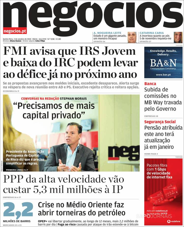 Portada de Jornal de Negócios (Portugal)