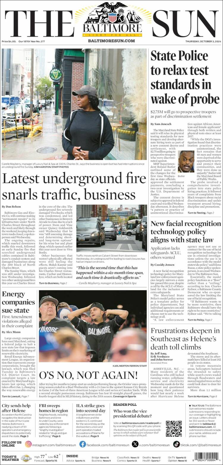 Portada de The Baltimore Sun (USA)
