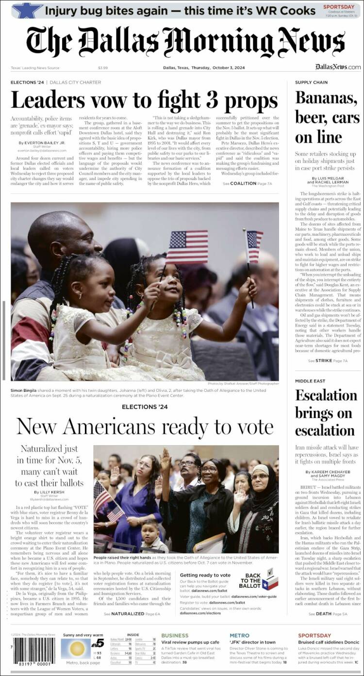 Portada de Dallas Morning News (USA)