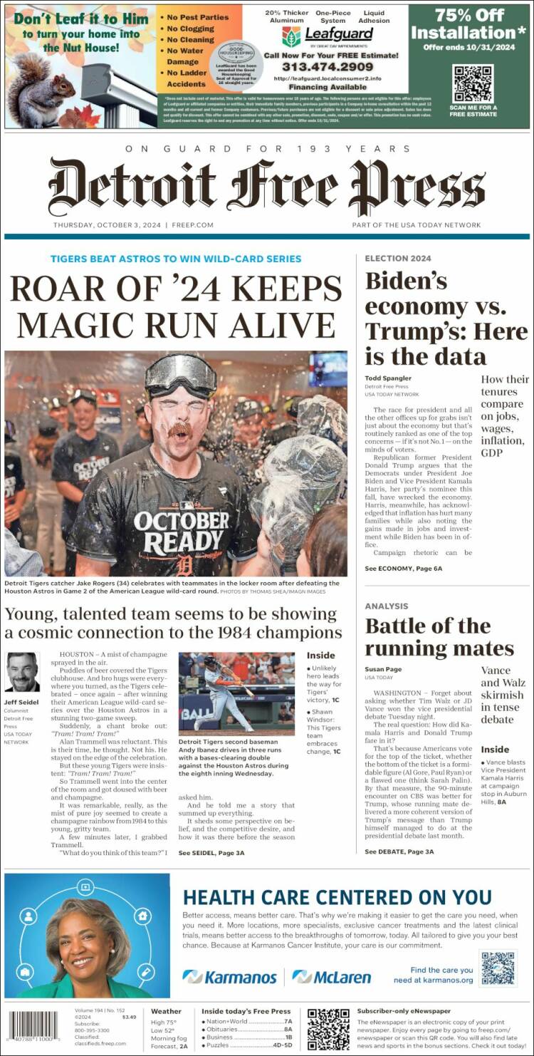 Portada de Detroit Free Press (USA)