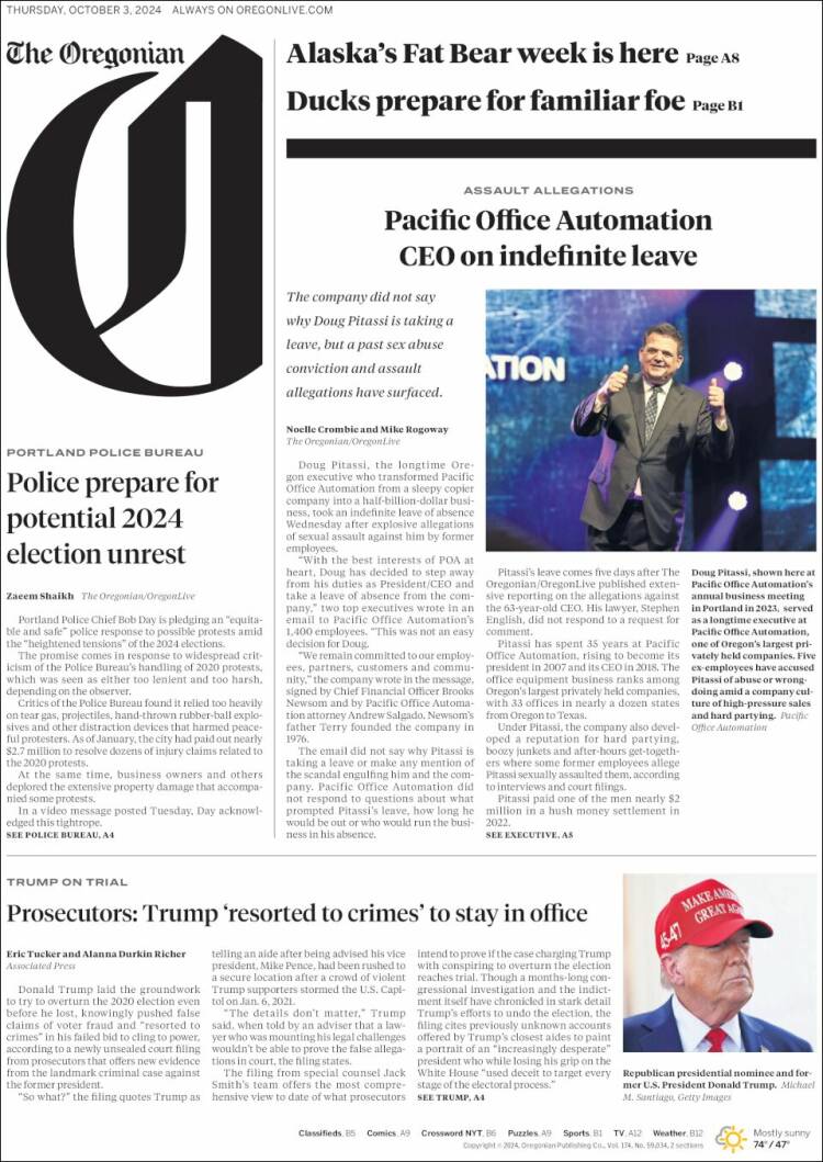 Portada de The Oregonian (USA)