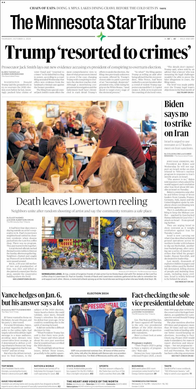 Portada de Star Tribune (USA)