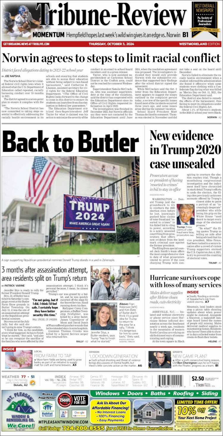 Portada de Tribune-Review (USA)