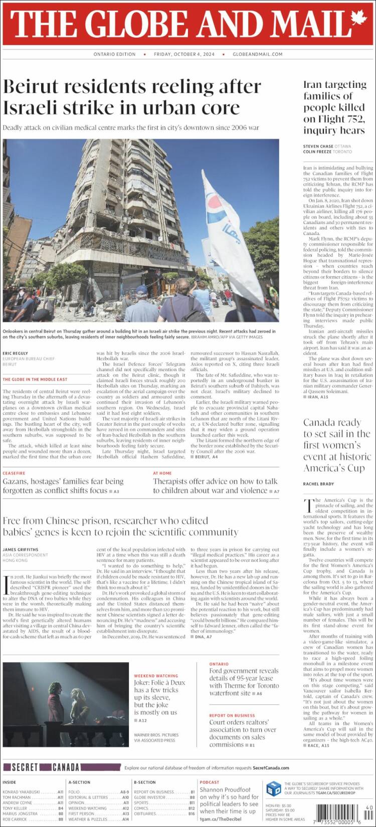 Portada de The Globe and Mail (Canadá)