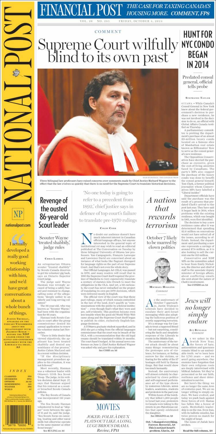 Portada de The National Post (Canadá)