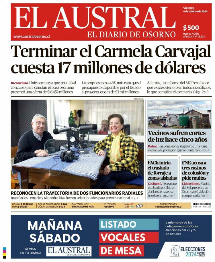 Portada de El Austral de Osorno (Chile)